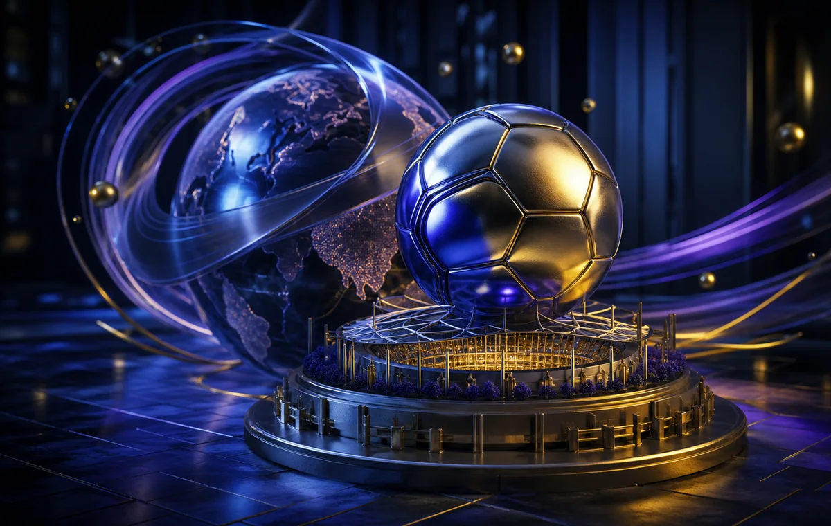 Metallic football world sphere and miniature stadium in a 3D scene