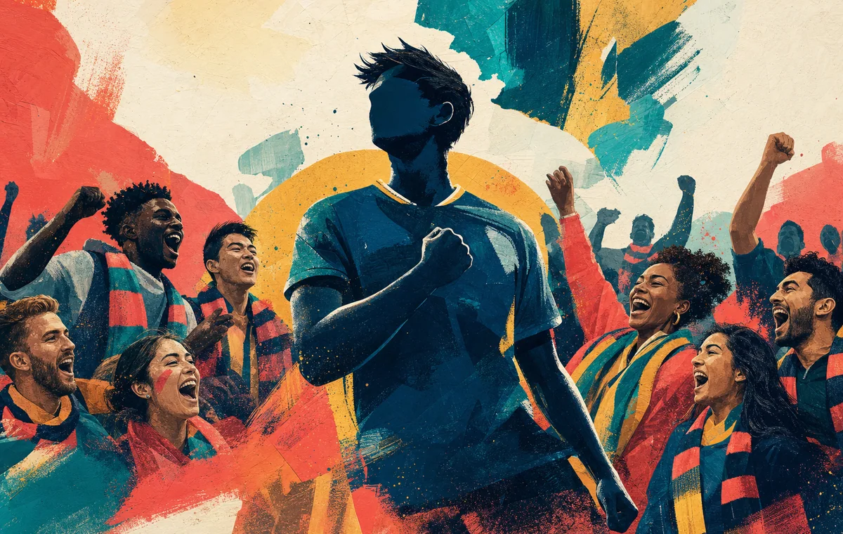 Colorful editorial fan art of diverse supporters and an anonymous player