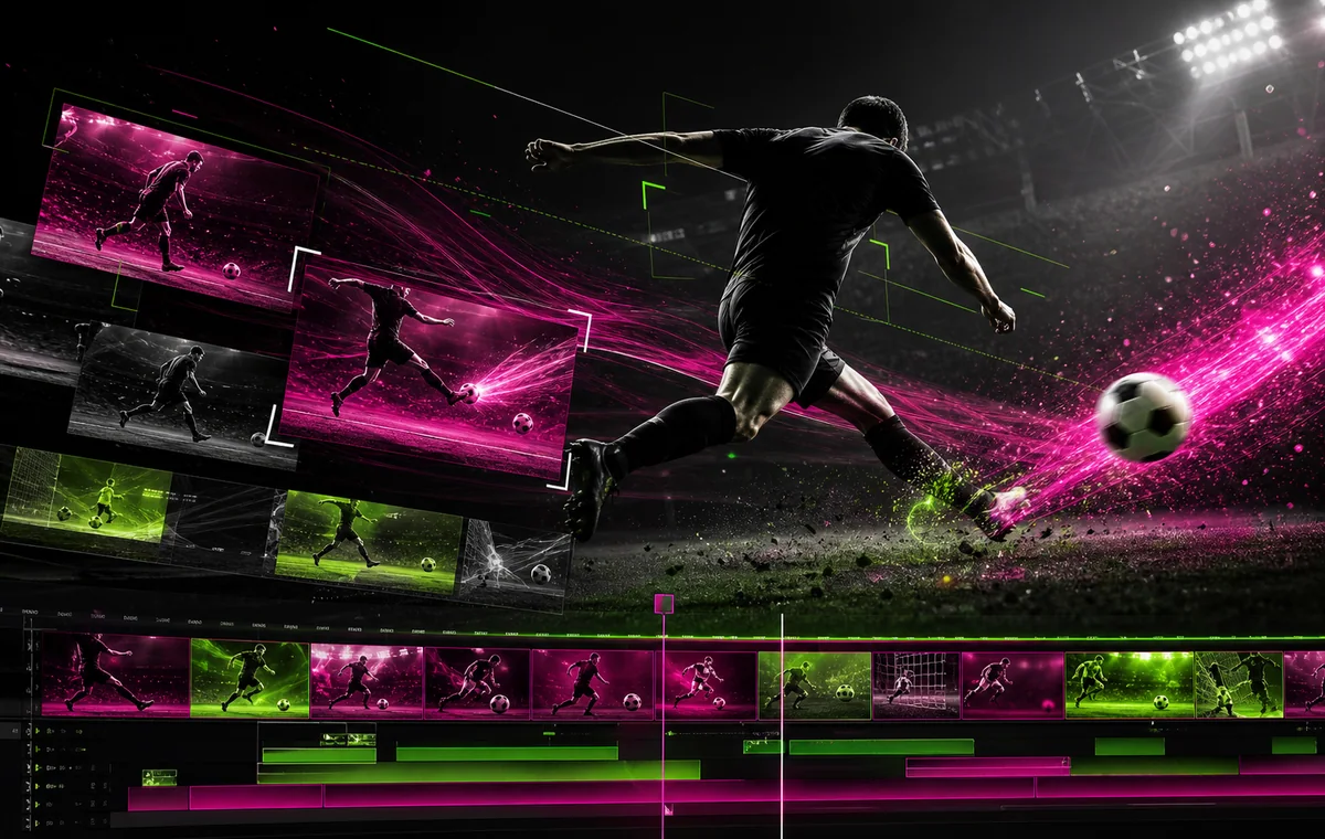 Dynamic football highlight edit with action frames and timeline