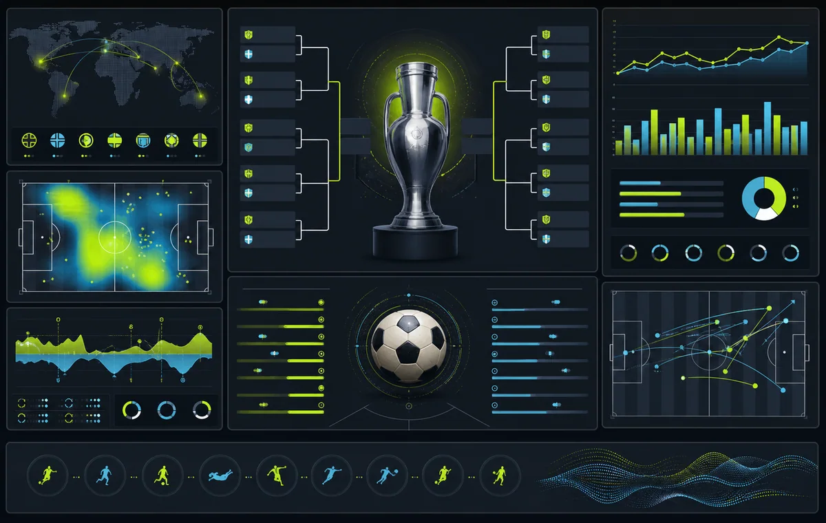 Dark football dashboard with brackets heatmaps and match analysis