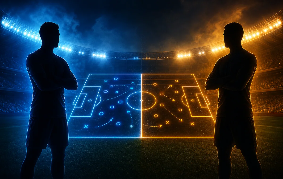 Two anonymous football players facing a blue and amber tactical pitch