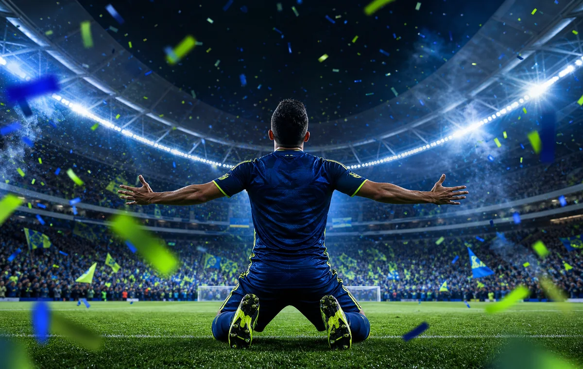 Anonymous footballer celebrating under stadium lights with blue and lime confetti