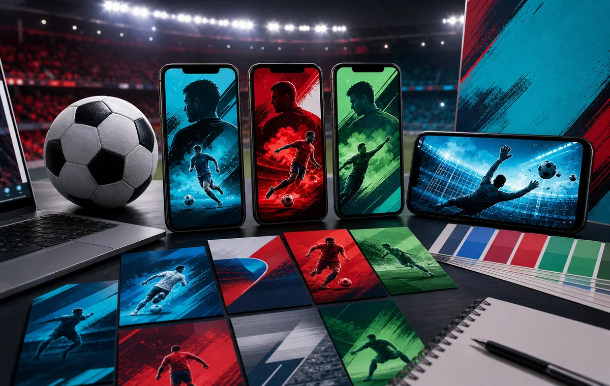 Football social media concepts displayed across phones and design cards
