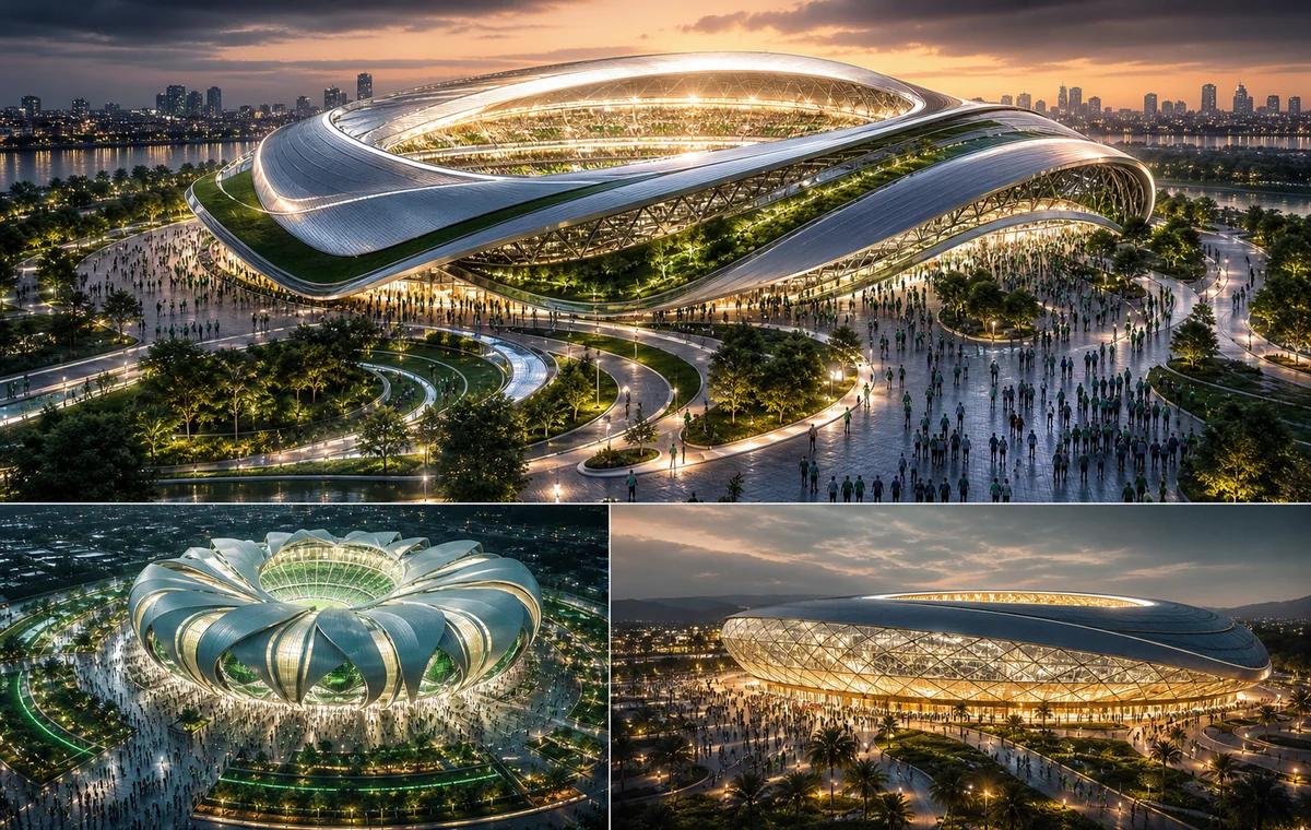 Three sustainable future football stadium concepts illuminated at dusk