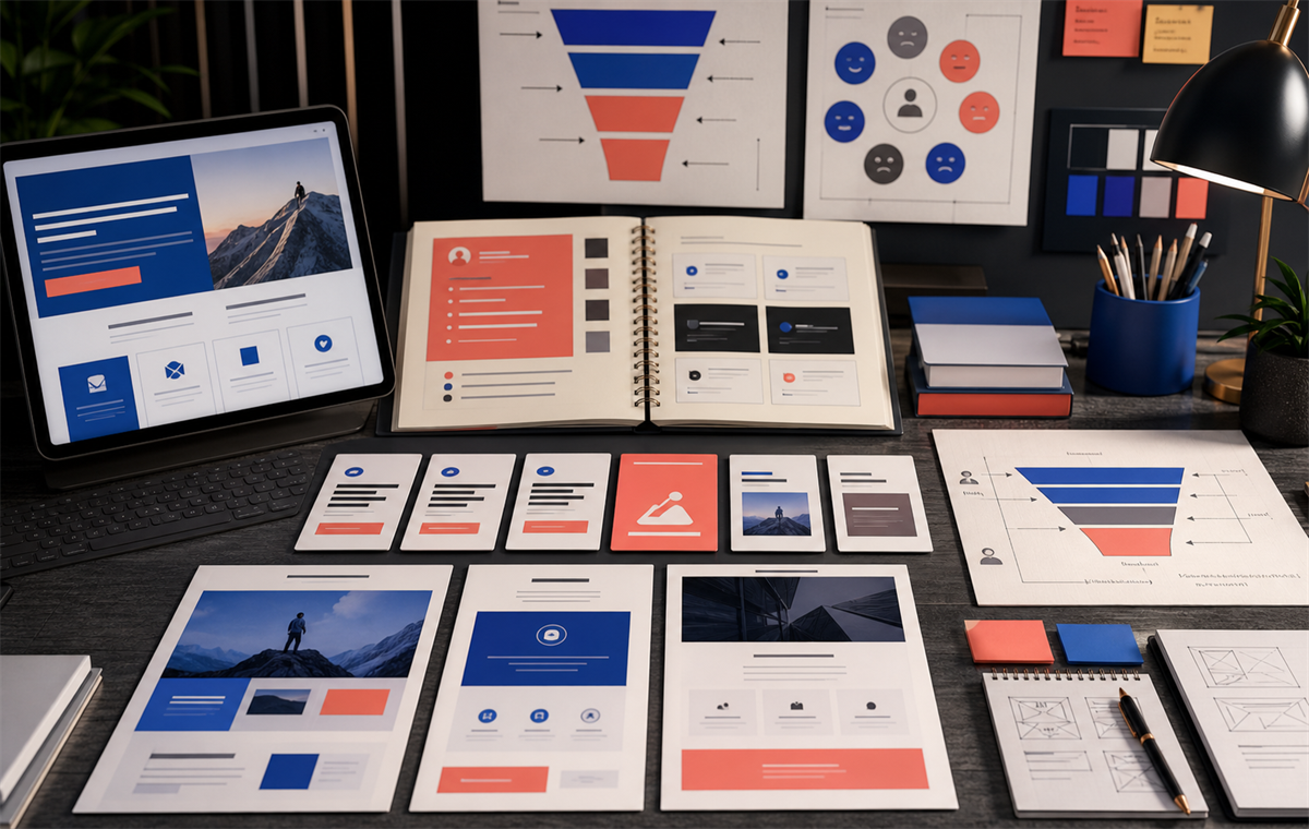 Copywriting workspace with landing page layouts, funnel cards, and conversion planning boards.