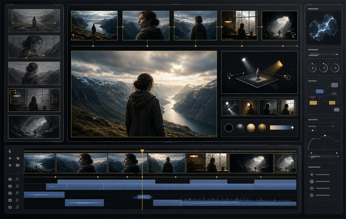 Cinematic AI video storyboard with shot cards, camera paths, lighting setup, and editing timeline.