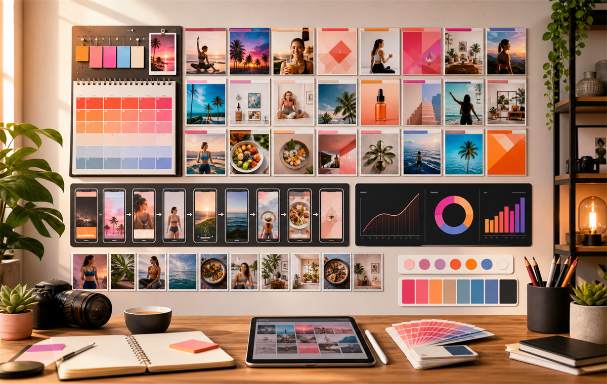 Instagram content planning board with post grid, Reel storyboards, and engagement charts.