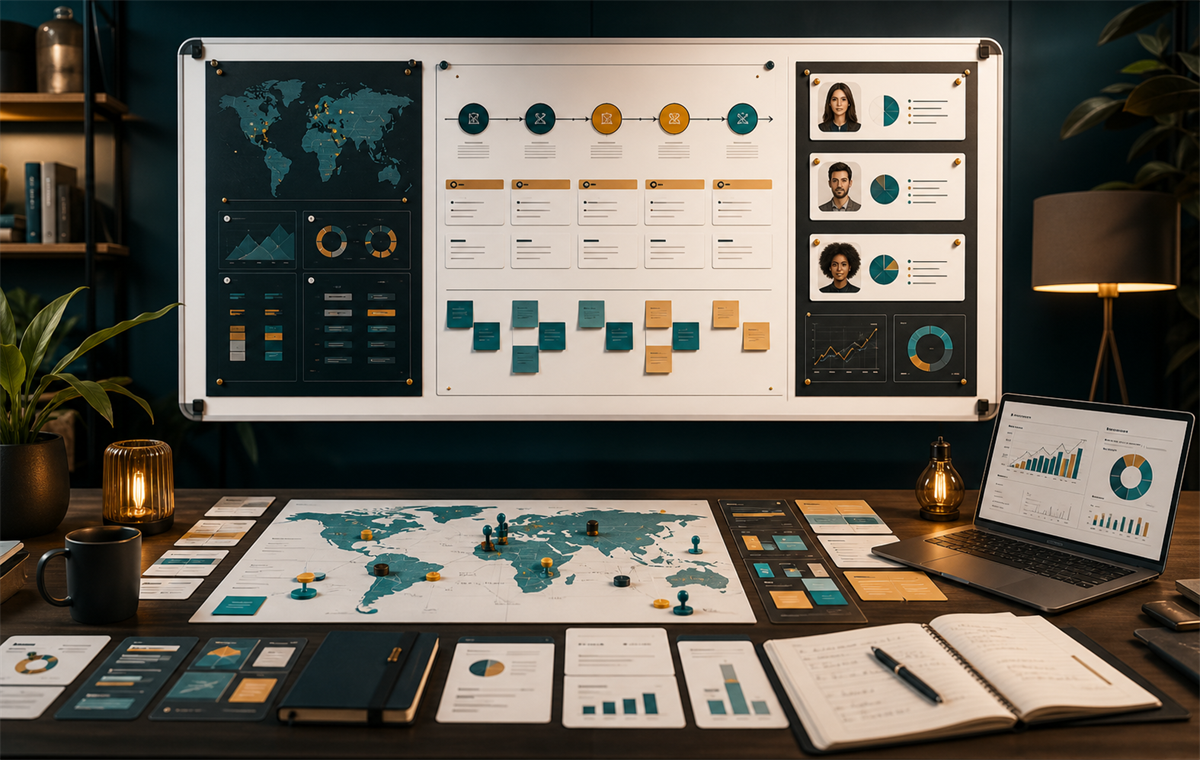 Business strategy workspace with roadmap boards, customer personas, and KPI dashboards.