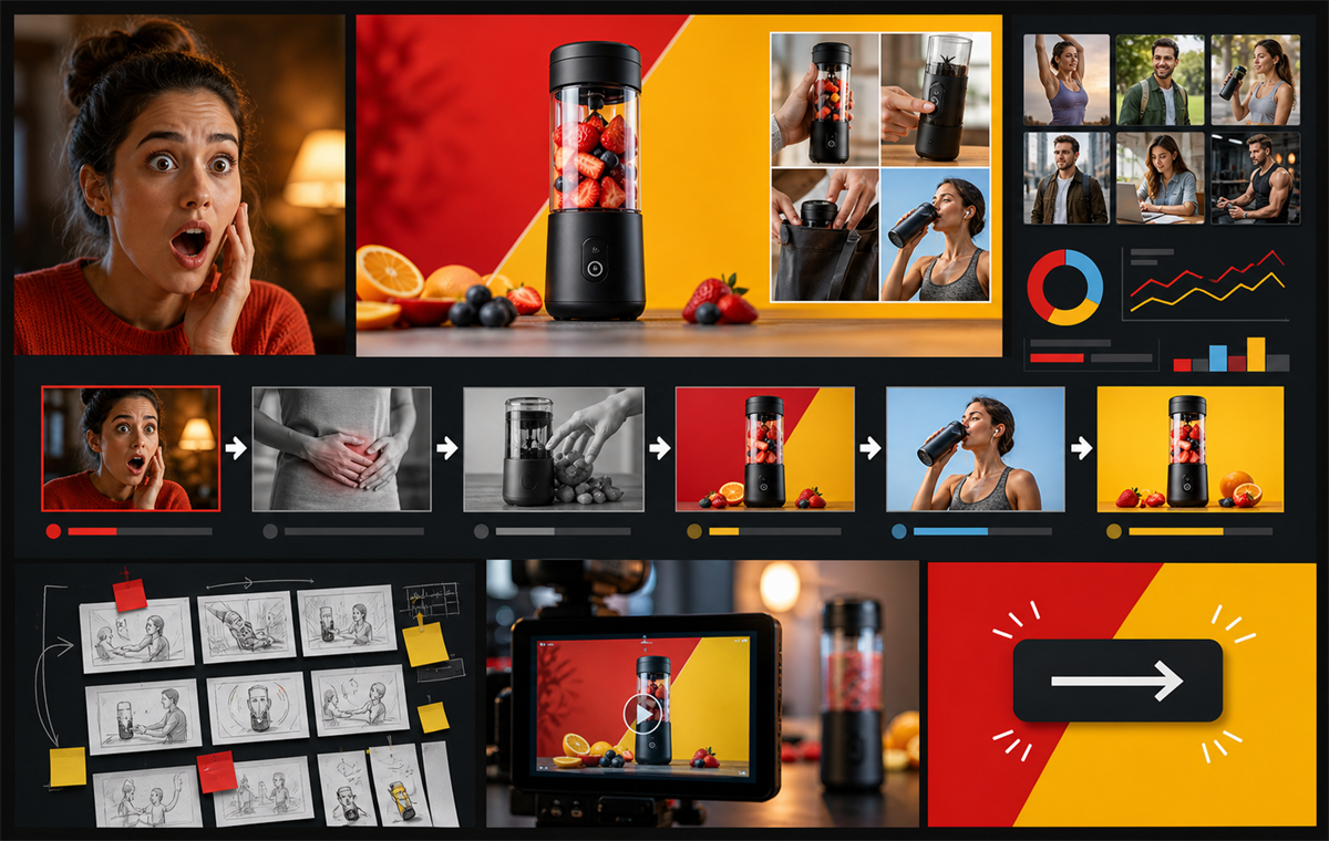 Video ad storyboard with product demo frames, emotional hook, CTA card, and performance charts.