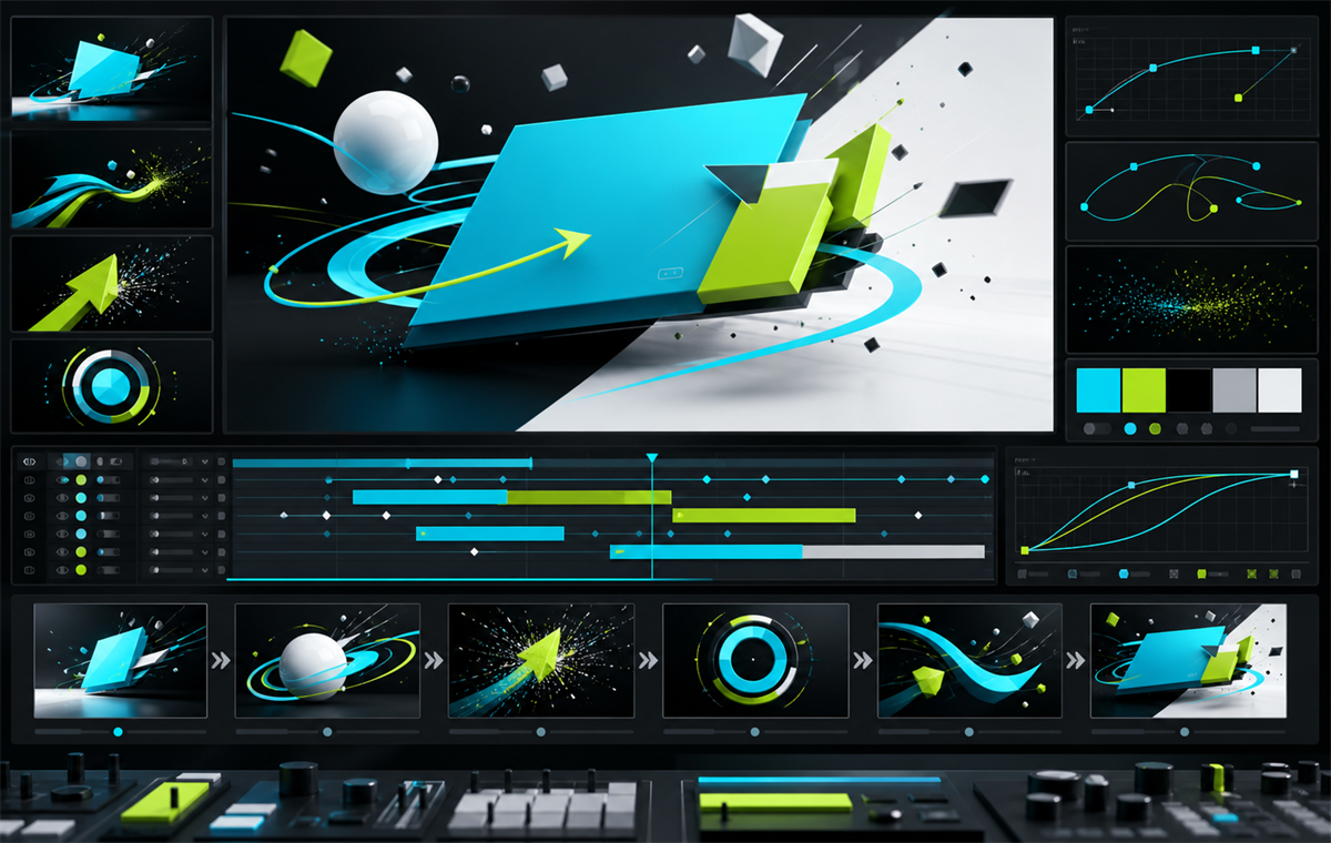 Motion graphics timeline with kinetic shapes, storyboard frames, easing curves, and animation layers.