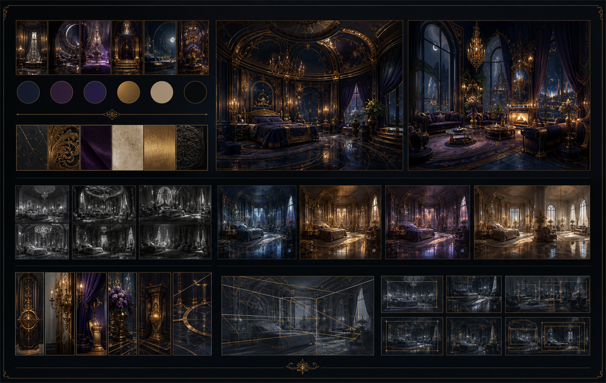 Cinematic art direction board with luxury interior renders, lighting studies, and material swatches.