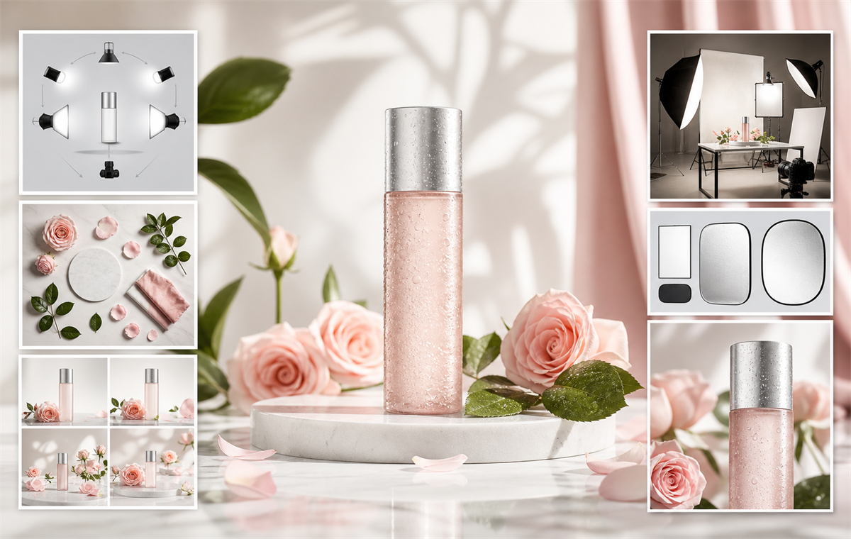 Premium skincare product photography set with lighting diagrams, props, and hero shot previews.