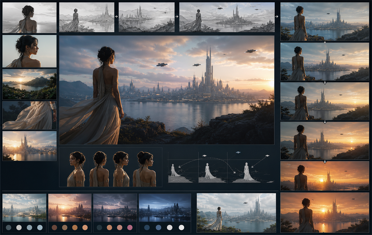 Sora cinematic video concept board with storyboard frames, continuity arrows, lighting studies, and final stills.