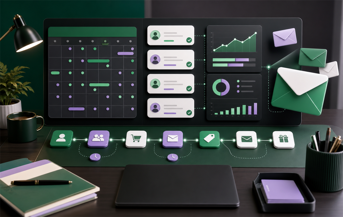 Email automation dashboard with lifecycle cards, envelope visuals, and revenue analytics.