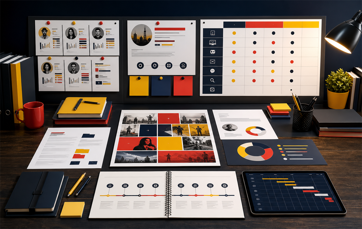 Marketing campaign workspace with channel matrix, creative boards, timeline, and KPI charts.