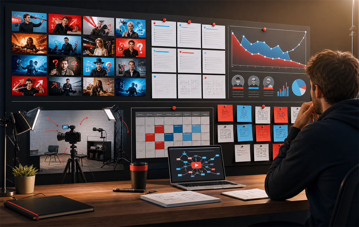 YouTube creator planning board with thumbnail concepts, retention curve, filming setup, and content calendar.