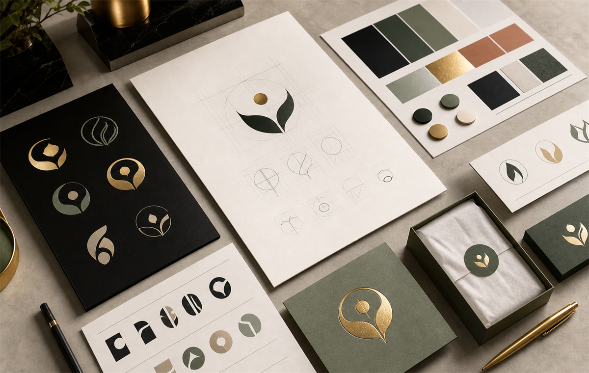 Logo design studio desk with abstract mark sketches, color palettes, and brand mockups.